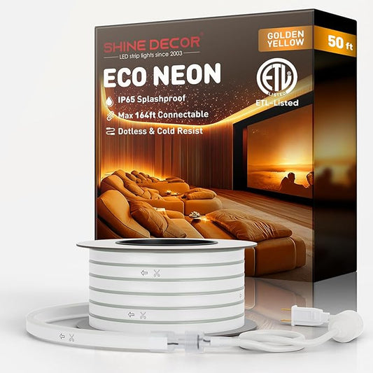 Shine Decor LED Rope Lights AC 120V, Connectable & Cuttable Dotless 120LEDs/M Eco Neon Strip Lighting, ETL IP65 Waterproof & Weather-Resistant for Home Commercial, 8x16mm, Gold, 50FT