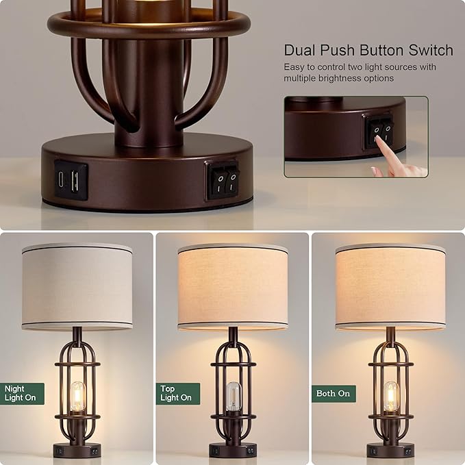 Living Room Lamps Set of 2, 22.3" Farmhouse Table Lamp for Bedroom, Vintage Lamps for Night Stands with USB Ports, Oil Rubbed Bronze