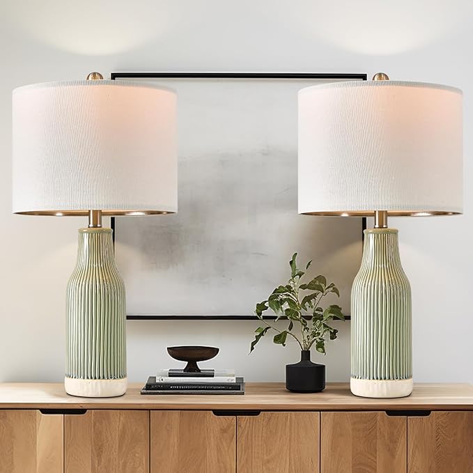 23.75" Modern Green Ceramic Table Lamp Set of 2 for Living Room, Farmhouse Bedside Nightstand Lamp for Bedroom Home Office Dorm