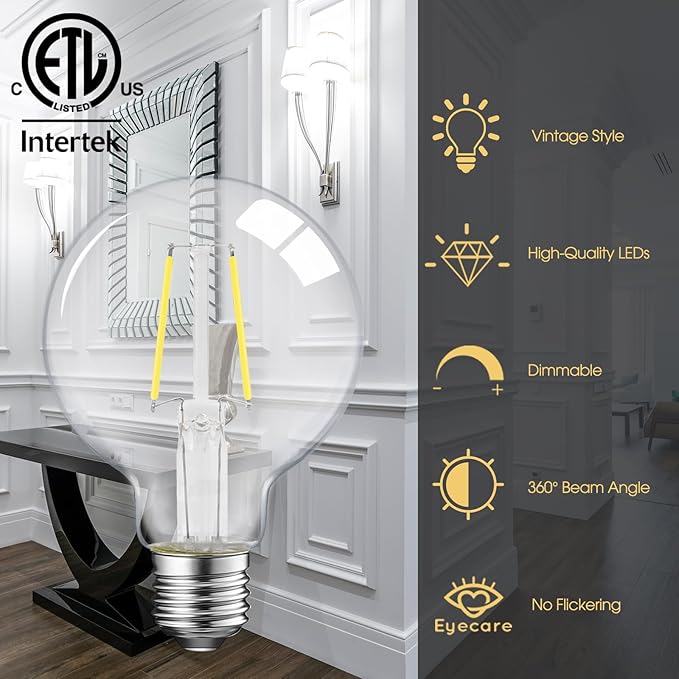 ENERGETIC SMARTER LIGHTING 5W Dimmable G25 LED Edison Light Bulb, G25 (G80) Globe Bulb, 60W Equivalent, 5000K Daylight, Christmas Light, E26 Standard Base, ETL Listed, 6-Pack
