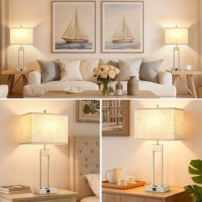 GyroVu 25.5" Nightstand Table Lamps for Bedrooms Set of 2, Bedside Lamp with USB C+A, Colors Changeable Living Room Lamp, Modern Night Stand Lamps for Bed Side Guest Room Reading, Antique White