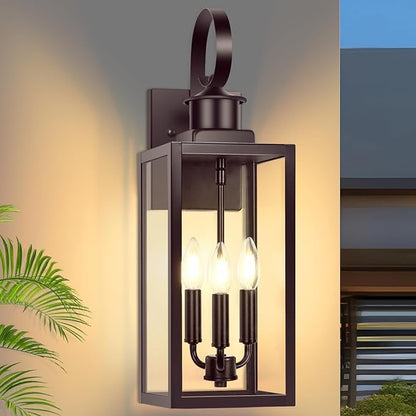 19" Large Outdoor Wall Lights, 3-Light Brown Waterproof Exterior Wall Light Fixtures with Clear Glass Shades, Farmhouse Outdoor Wall Sconces Lantern for House, Porch, Patio, Garage, Front Door, 1-Pack