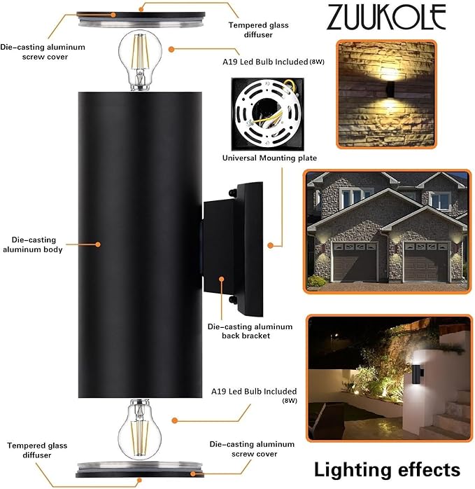 Outdoor Wall Light, Exterior Lighting - ETL Listed, 2 Light Bulbs Included, Aluminum Waterproof Wall Mount Cylinder Design - Up Down Light Fixture for Porch, Backyard and Patio