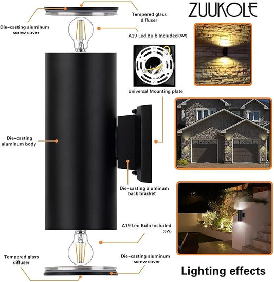 Outdoor Wall Light, Exterior Lighting - ETL Listed, 2 Light Bulbs Included, Aluminum Waterproof Wall Mount Cylinder Design - Up Down Light Fixture for Porch, Backyard and Patio