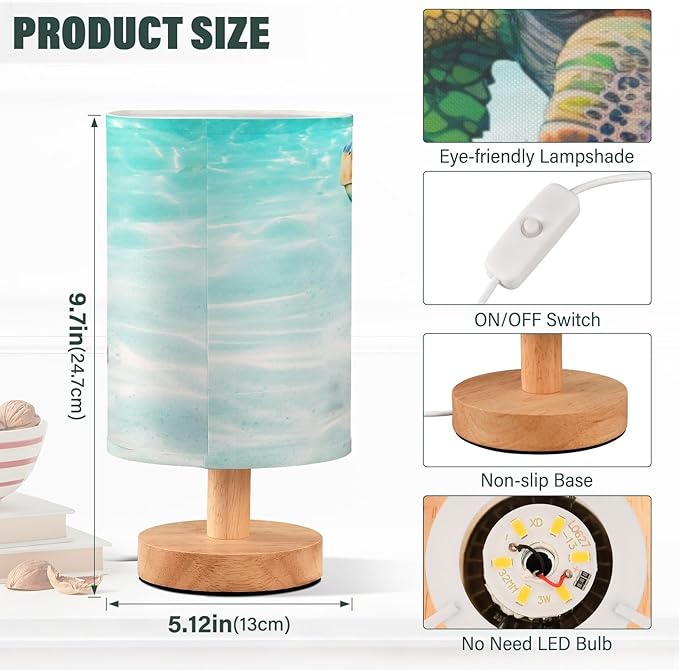 Bedside Lamp Sea Turtle Beach Table Lamp for Bedroom LED Nightstand Lamp Shade USB Ports Wood Base for Living Room Dorm Office