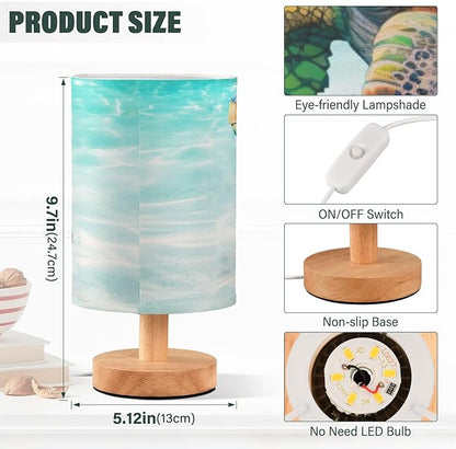 Bedside Lamp Sea Turtle Beach Table Lamp for Bedroom LED Nightstand Lamp Shade USB Ports Wood Base for Living Room Dorm Office