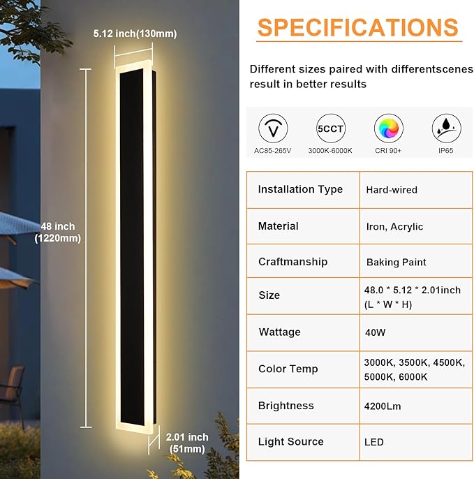 2 Pack 48In Modern LED Outdoor Wall Light, Exterior Long LED Wall Lights Fixture, 5CCT Dimmable Outdoor Linear Sconce, IP65 Waterproof Outside Wall-Mounted Lighting for Garage Front Door Porch