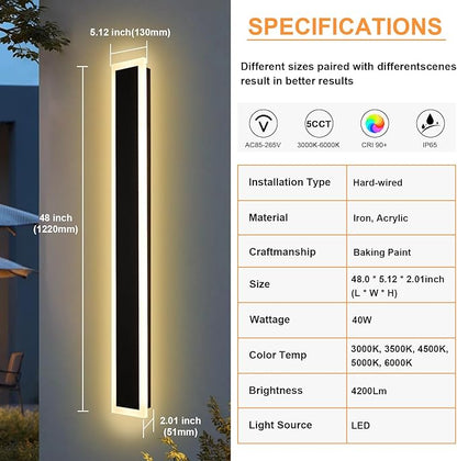 2 Pack 48In Modern LED Outdoor Wall Light, Exterior Long LED Wall Lights Fixture, 5CCT Dimmable Outdoor Linear Sconce, IP65 Waterproof Outside Wall-Mounted Lighting for Garage Front Door Porch