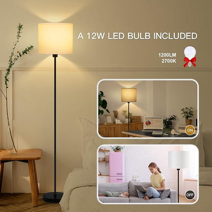 Floor Lamps for Bedroom, Small Standing Lamp with Bulb(12W, 2700K), White Lampshade, Foot Switch, Simple 59" Tall Pole Lamps for Kids Room/Girls Room/Boys Gift/Living Room/Classroom, Boho Reading Lamp