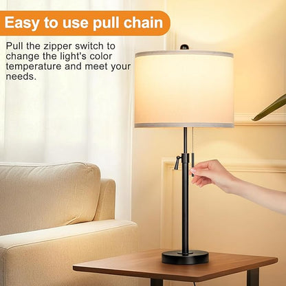 Table Lamps for Bedrooms Set of 2, 22" to 30" Height Adjustable Nightstand Lamps with Linen Shade, Pull Chain Switch Lamps for Living Room, 3 Way Dimmable Beside Lamp