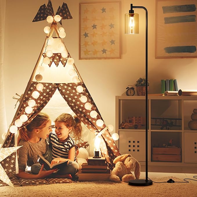 Floor Lamps for Living Room - Standing Lamp with Amber Glass Shade, Modern Floor Lamp with LED Bulbs, Industrial Floor Lamp for Bedroom, Black Tall Lamp for Office(Light Bulb Included)