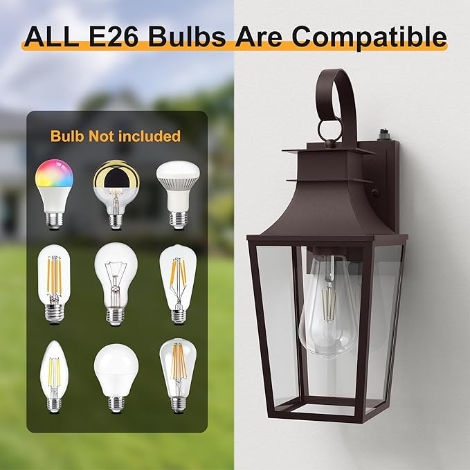 Outdoor Wall Lantern, 𝟏𝟔 𝐈𝐍𝐂𝐇 Dusk to Dawn Outside Light Wall Sconce with E26 Sockets & Clear Glass Shades, Oil Rubbed Bronze Waterproof Outdoor Lights for House Front Door Porch