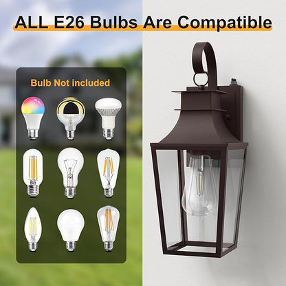 Outdoor Wall Lantern, 𝟏𝟔 𝐈𝐍𝐂𝐇 Dusk to Dawn Outside Light Wall Sconce with E26 Sockets & Clear Glass Shades, Oil Rubbed Bronze Waterproof Outdoor Lights for House Front Door Porch