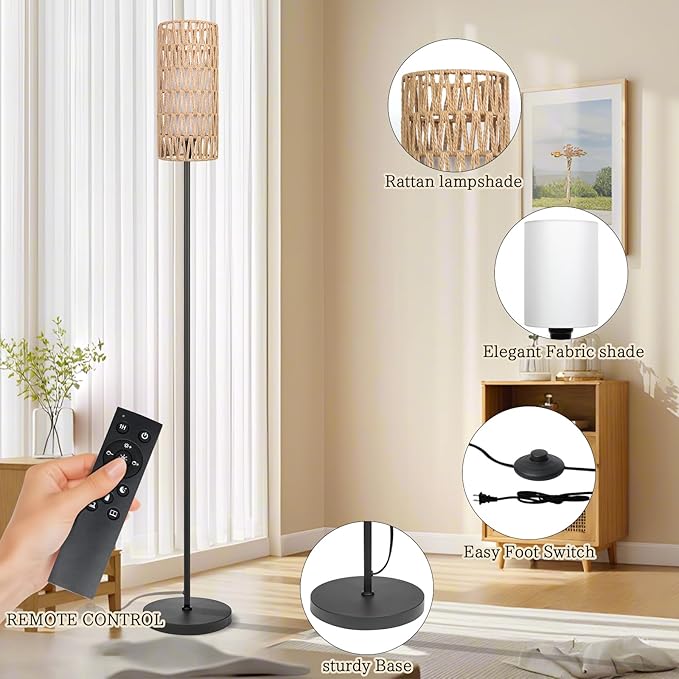 Floor Lamp for Living Room,Farmhouse Floor lamp,Modern Standing lamp with Hand-Worked Rattan Shade (Double Shade-with Remote)