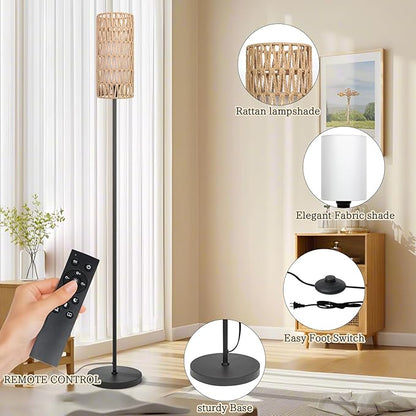 Floor Lamp for Living Room,Farmhouse Floor lamp,Modern Standing lamp with Hand-Worked Rattan Shade (Double Shade-with Remote)