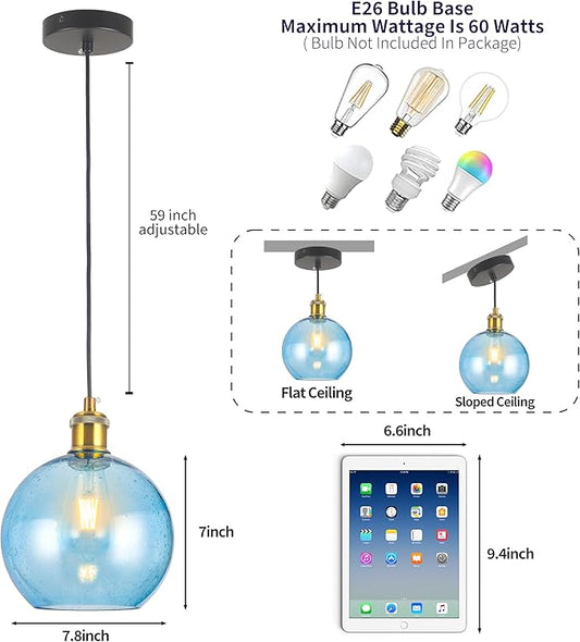 Blue Glass Pendant Lights Kitchen Island Lighting Globe Pendant Light Fixtures Modern Hand Blown Glass Lighting for Kitchen Island Bedroom Dining Room-7.8Inch
