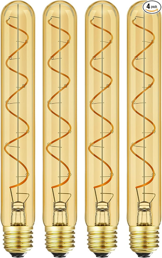 Leools T10 Long Tubular Light Bulb,60 Watt Equivalent E26 Base Amber Vintage Edison Bulb 6W Dimmable Tubular Antique Style Decorative LED Filament Light Bulb, 2200K Warm White,8.9 Inch,Pack of 4