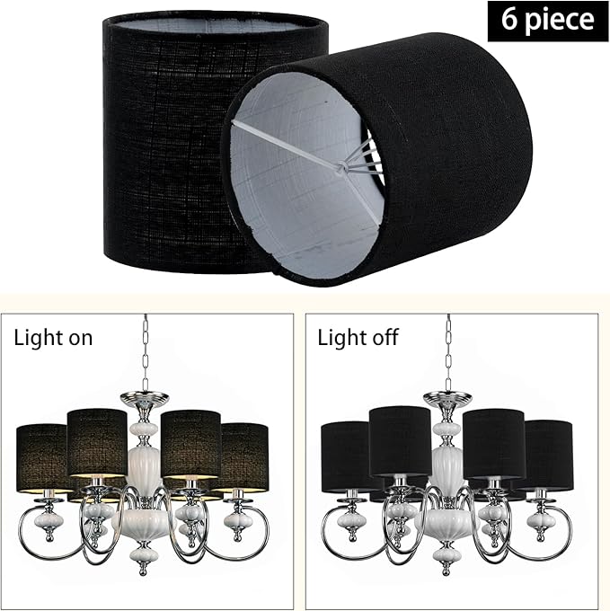 Chandelier Lamp Shades, Small Lamp Shades Clip-on Bulbs Only for Candelabra Bulbs, Black Chandelier Shades 6 Pcs, Mini Lampshades for Chandeliers 5.1" X 5.1" X 5.3, Home Decor Fabric Linen Lampshade
