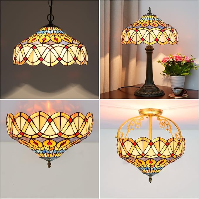 Tiffany Style Lamp Shade, 12 Inch Yellow Peacock Stained Glass Lamp Shade Replacement Vintage Creativity Lamp Cover Accessories Fit for Table Lamp Pendant Light Ceiling Light