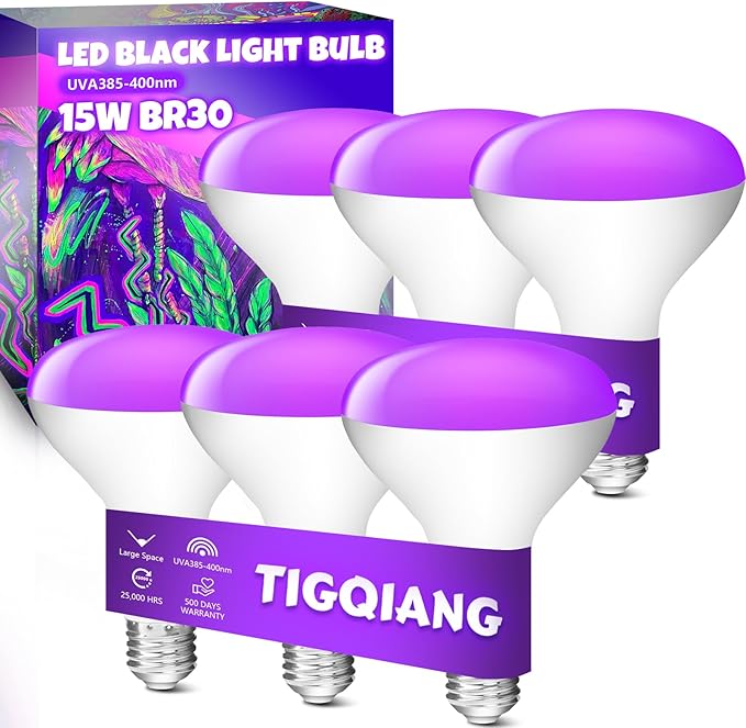 White Casing Black Light Bulbs, Blacklight Bulb 6 Packs, 120W Equivalent, E26 BR30 LED Black Light Bulb 385-400nm for Halloween Christmas Decor, Body Paint, Glow Party, Fluorescent Poster
