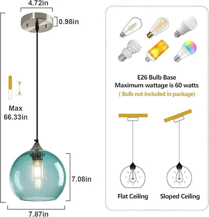 Light Blue Glass Pendant Lights Kitchen Island Lighting Globe Pendant Light Fixtures Modern Pendant Lighting for Bedroom Living Dining Room Light Fixture (7.87 in, 2 Pack)