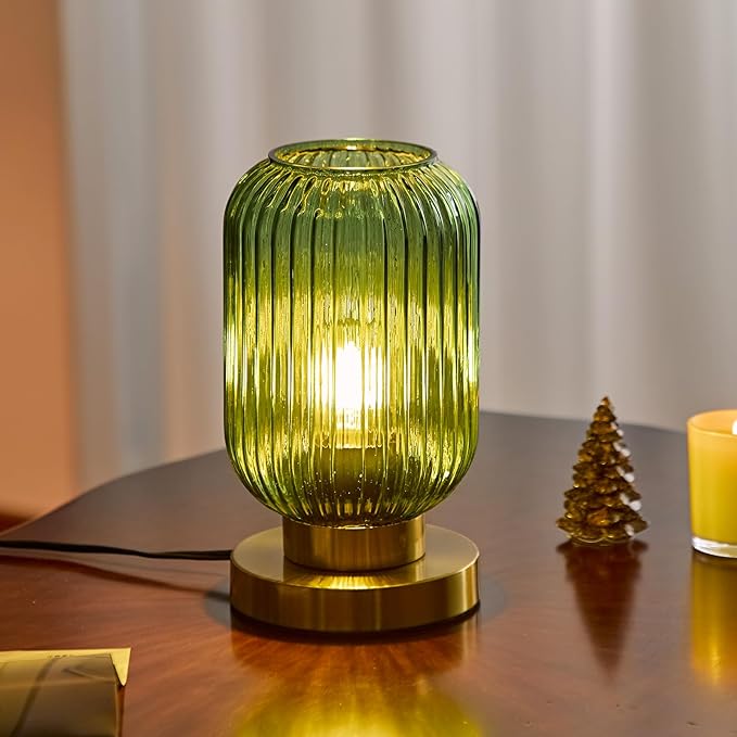 Bedside Table Lamp with Green Glass Shade, Small Nightlight Lamp Elegant Glass Nightstand Lamps Modern Desk Light with Plug-in Style for Bedroom Living Room Tabletop Dia5.9"x H9.8"