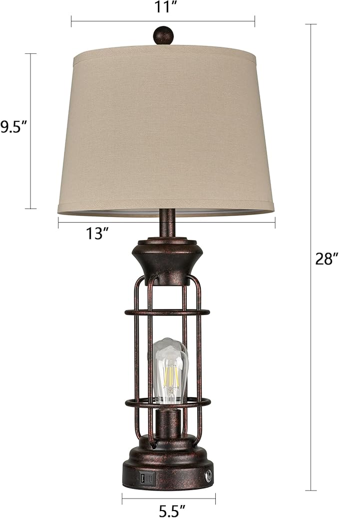 Table Lamps for Living Room Set of 2, 28" Tall Farmhouse Table Lamp with USB C+A Ports, Bedroom Lamps for Nightstand with White Oatmeal Lampshade, 4 Bulbs Included