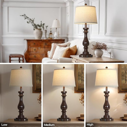 29" Farmhouse Brown Table Lamp for Living Room Set of 2,Vintage Bedside Nightstand Lamps with USB C+A Ports & AC Outlet,3-Way Dimmable Touch Retro Lamp for Bedroom,Dark Brown