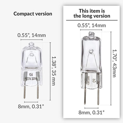 Simba Lighting Halogen Light Bulb G8 T4 50W JCD Bi-Pin (10 Pack) Longer 1.7" Length for Kitchen Hood, Landscape Lights, Desk and Floor Lamps, Wall Sconces, 120V Dimmable, 2700K Warm White