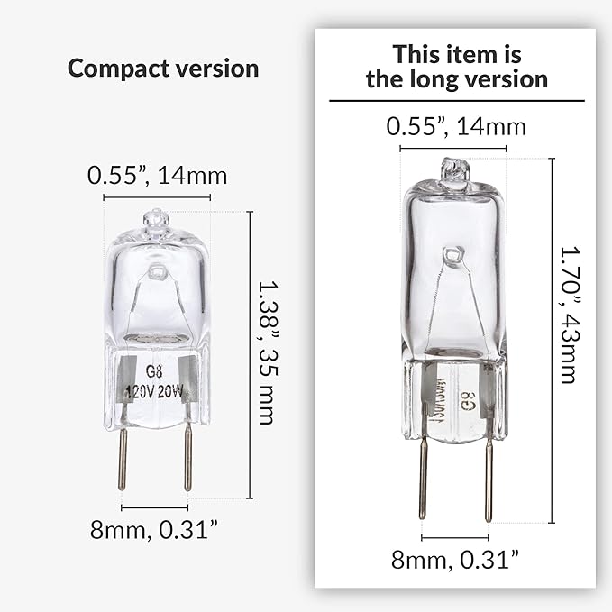 Simba Lighting Halogen Light Bulb G8 T4 35W JCD Bi-Pin (10 Pack) Longer 1.7" Length for Kitchen Hood, Landscape Lights, Desk and Floor Lamps, Wall Sconces, 120V Dimmable, 2700K Warm White