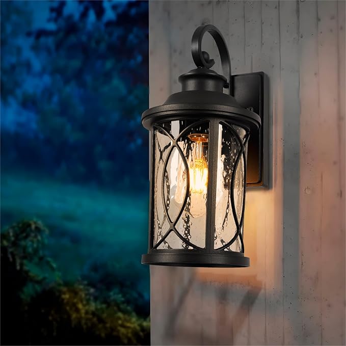 Treekee Outdoor Light Fixture Wall Mount, Modern Exterior Wall Sconce with Seeded Glass & E26 Sockets for Front Porch, Farmhouse Rustic Black Wall Lantern Lamp for Patio Garage Home Yard