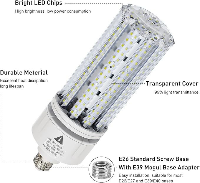 2 Pack 100W LED Corn Light Bulb 5000K Daylight 15000 Lumens Super Bright, E26/E39 Base Led Corn Bulbs Replace Metal Halide HID CFL for Outdoor Commercial Industrial Lighting Garage Warehouse Backyard