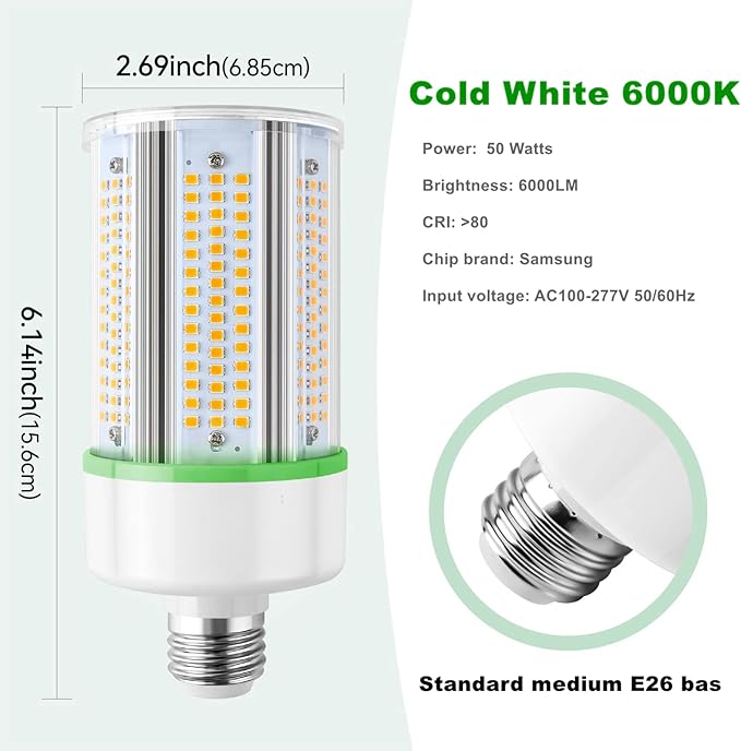 GEPLAD 2-Pack 50W LED Corn Light Bulb,E26 led Bulbs 5000k,Replacement HID HPS CFL MH Lamp for Indoor Outdoor Ceiling Fan Garage Yard Porch Lighting 110-277v