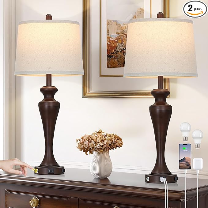30" Brown Touch Table Lamps Set of 2, 3-Way Bedside Lamp with USB A+C Ports and AC Outlet, Tall Living Room Lamps for End Table, Modern Metal Bedroom Lamp for Night Stand