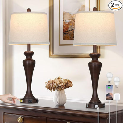 30" Brown Touch Table Lamps Set of 2, 3-Way Bedside Lamp with USB A+C Ports and AC Outlet, Tall Living Room Lamps for End Table, Modern Metal Bedroom Lamp for Night Stand