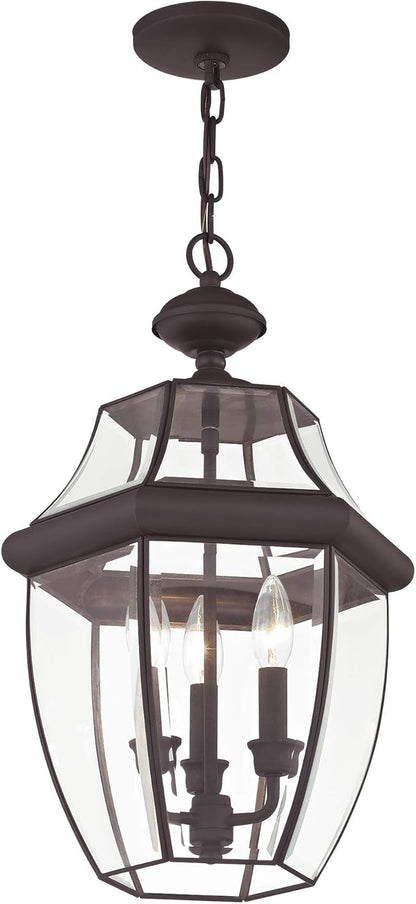 Livex Lighting 2355-07 Monterey 3 Light Outdoor Bronze Finish Solid Brass Hanging Lantern with Clear Beveled Glass