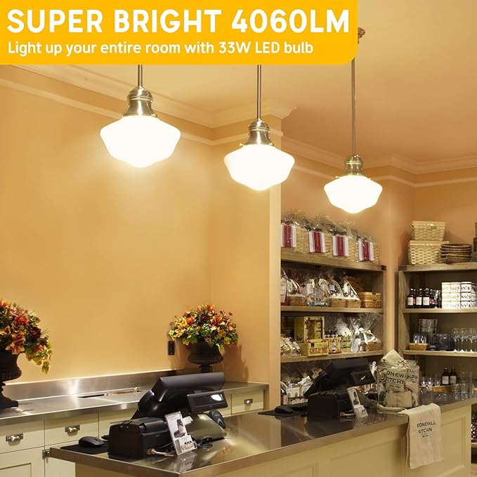 300W Equivalent LED Light Bulb, Super Bright 4060 Lumen Warm White 3000K, A23 E26 Medium Base 33 Watt LED Bulb for Garage Warehouse Workshop Backyard Patio Street Supermarket, 1-Pack