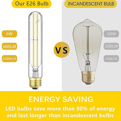 Tubular Light Bulb 7.3 Inch E26 LED Bulb Dimmable 6W 60 Watt Long Light Bulb,Warm White 2700K, AC120V,600LM,T10 led Bulb for Rustic Pendant,Industrial Wall sconces E26 Light Bulbs 4Pack(6W-2700K)