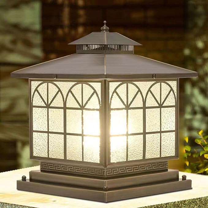 All Copper Steel Glass Outdoor Post Lights, Waterproof Pillar Light, Vintage Patio Lawn Column Lamp,Outdoor Column Lights,Deck Lights, Lantern Fence Lamp Fixture E26 Base (Arch Glass, 12X12IN)