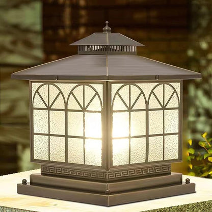 All Copper Steel Glass Outdoor Post Lights, Waterproof Pillar Light, Vintage Patio Lawn Column Lamp,Outdoor Column Lights,Deck Lights, Lantern Fence Lamp Fixture E26 Base (Arch Glass, 12X12IN)