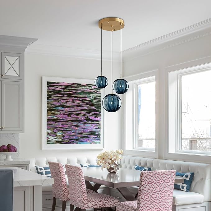 KCO Lighting Mid Century Modern 3-Lights Globe Pendant Light Fixture Brass Gold Cluster Pendant Light Kitchen Island Multi Light Pendant Lighting Ceiling Hanging Blue Glass Hanging Light
