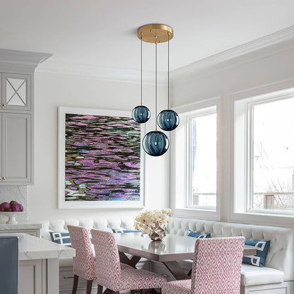 KCO Lighting Mid Century Modern 3-Lights Globe Pendant Light Fixture Brass Gold Cluster Pendant Light Kitchen Island Multi Light Pendant Lighting Ceiling Hanging Blue Glass Hanging Light