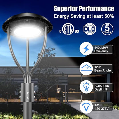 2Pack LED Post Top Light with Photocell, 100W 80W 60W Adjustable, 15000LM Adjustable CCT 3000/4000/5000K Outdoor Pole Lights, IP65 Waterproof Commercial LED Post Light Fixture ETL DLC Listed