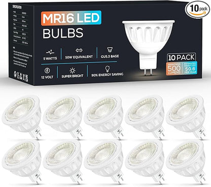 Torkase 10 Pack MR16 LED Bulbs, 5W 12V, GU5.3 Bi-Pin Base, 40 Degree Spot Light, 50-Watt Equivalent, 500-Lumen, Non-Dimmable, 3000K Warm White Landscape Track Lighting