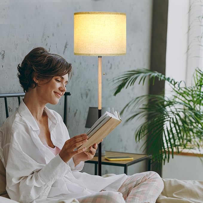 Bedroom Floor Lamp Farmhouse Floor Lamps for Living Room Mid-Century Pole Lamp with Linen Lamp Shade, Standing Tall Floor Lamps for Bedrooms and Office (White+ Wood Black Pole)