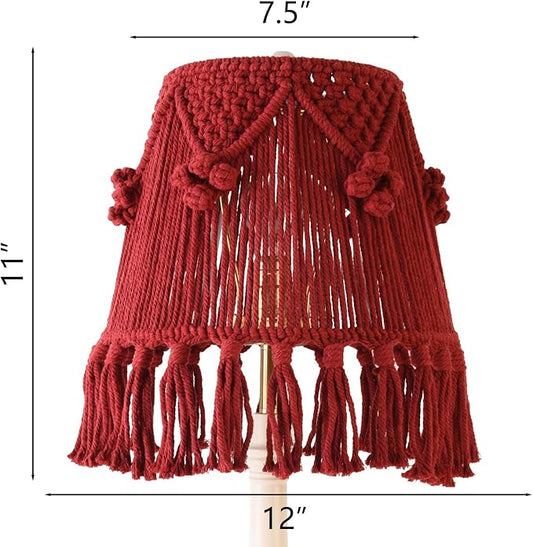 Wine Red Boho Woven Lamp Shade Bell Tassels Lampshade 7.5``Top x 12``Bottom x 11``High(Spider) Medium Handmade Lamp Shades for Table & Bedside Lamp - Easy Assemble