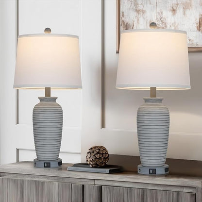 25" Farmhouse Jar Table Lamp Set of 2 Vintage Rustic Lamps for Living Room, Resin Bedside Nightstand Lamps with Linen Lampshades, Retro Pot Lamp for Living Room, Bedroom(LED Bulbs Included)