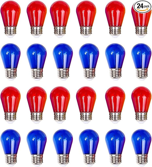 Christmas Replacement Light Bulbs 24-Pack S14 Colored LED String Light Bulbs Replacement, E26 Base 1W Plastic Shatterproof Waterproof, Christmas Light Bulb for Decorations (Red, Blue)