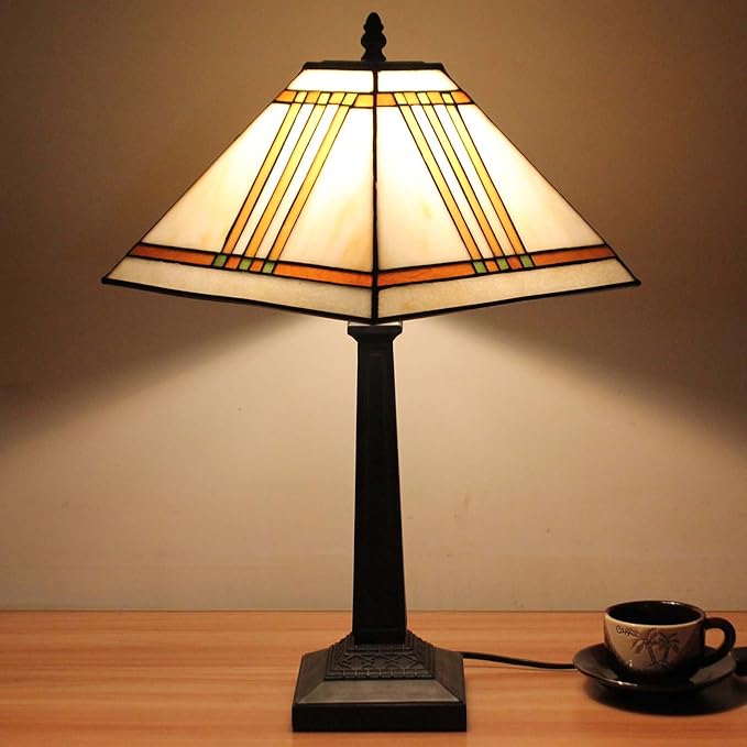 Bieye L10345 Mission Tiffany Style Stained Glass Table Lamp with 11-inches Wide Lampshade, 20-inch Tall