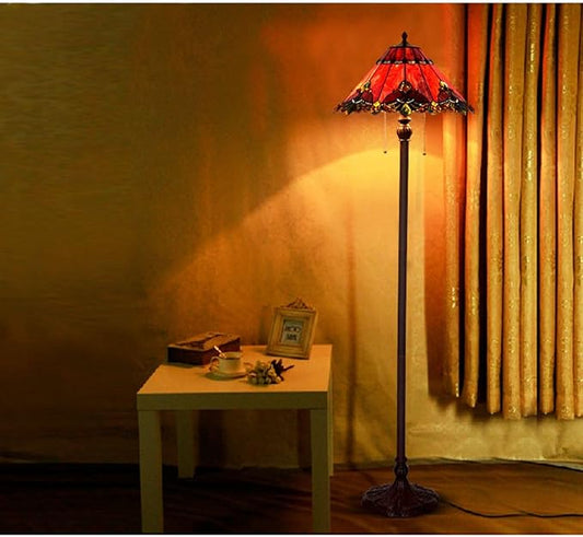 Bieye S10024 Tiffany Style Stained Glass Baroque Lampshade (17-inch Wide Red)